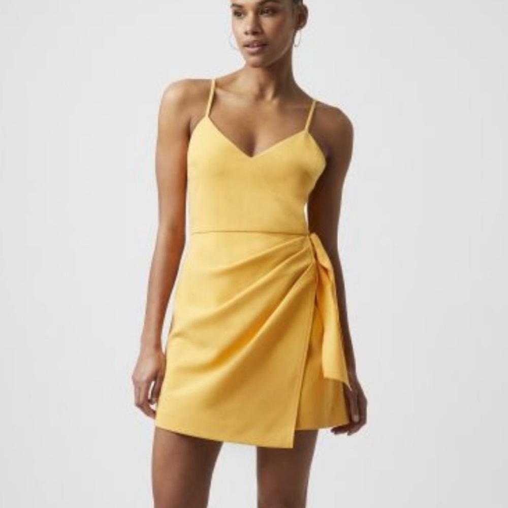 French Connection whisper mini dress Yellow small waist tie v neck thin strap